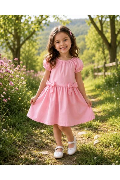 Kuzucuk Kids Bebek Çocuk Butik Kız Çocuk Pembe Fiyonklu Elbise Şık Rahat Yazl...