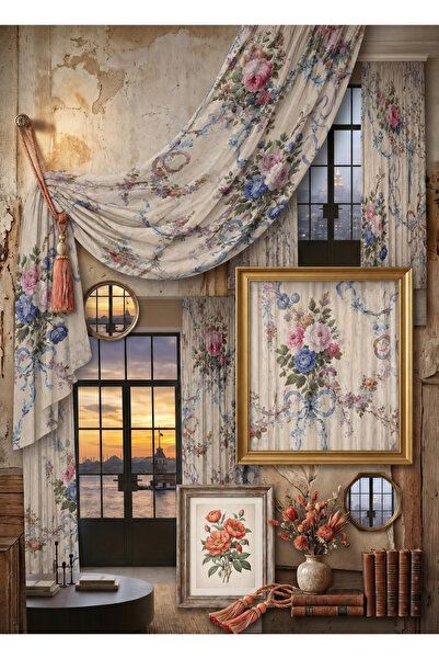 EVSEHOMES KREM RENKLİ ZEMİN ÇİÇEKLER VİNTAGE MODEL SALON TEK KANAT FON PERDE