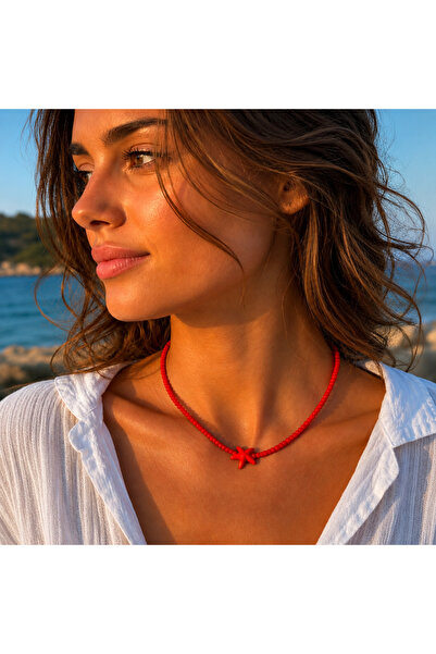 Stoneday Red Sand Bead Summer Necklace with Red Starfish Pendant