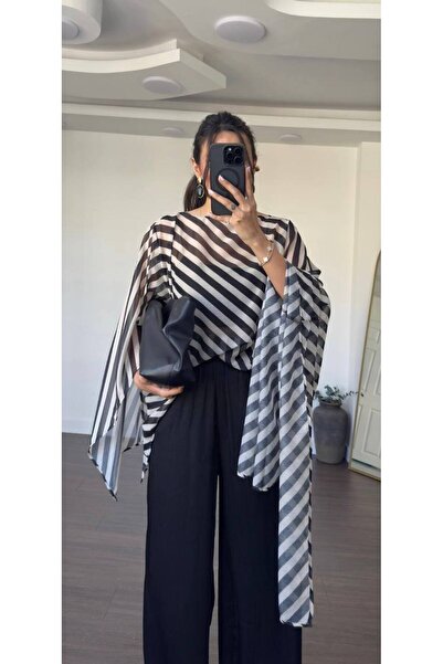 manoire Asimetrik Kesim Transparan Zebra Pelerin Bluz