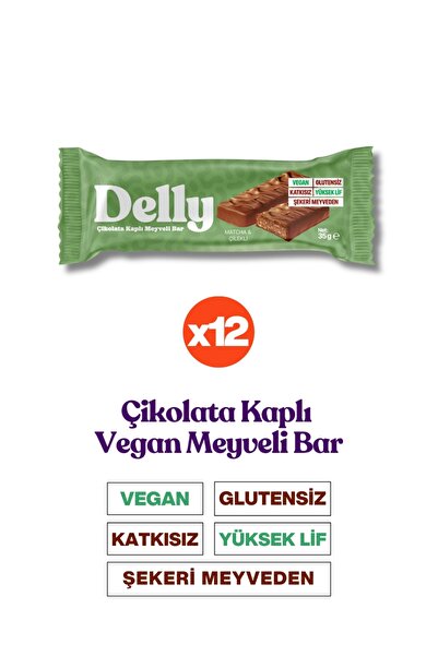 Delly 12 Adet Çikolata Kaplı Matcha & Çilekli Meyveli Bar 35 g