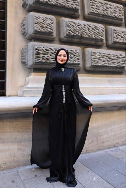 asyadabutik Women's Yoryo Fabric Brooch and Stone Detailed Maxi Length Balloo...