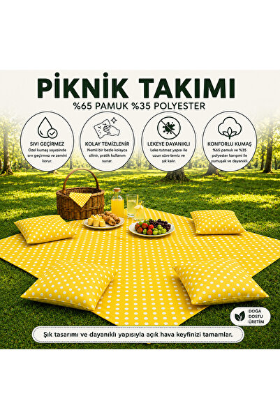 Zeren Home Sarı Puantiyeli Piknik Takımı 170x170 cm | 4 Kare Minderli | Sıvı ...