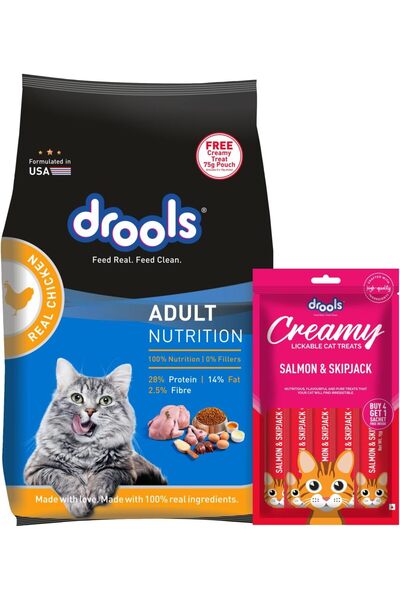 Drools Dry Cat Food, Chicken, 1kg + Free Creamy Treat 75g | 100% Nutritious D...