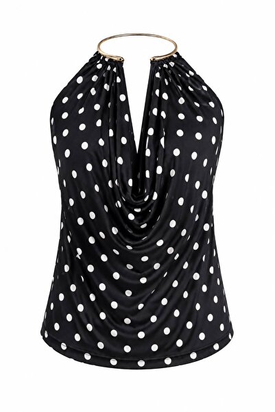 jooq Polka Dot Backless Draped Blouse Halter Neckline Sandy Fabric