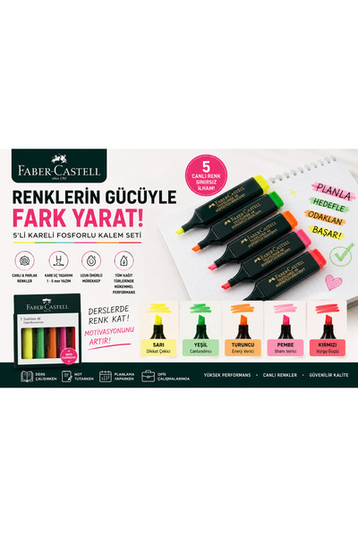 Faber Castell 5’li Fosforlu Kalem Seti Sarı, Yeşil, Turuncu, Pembe, Kırmızı R...