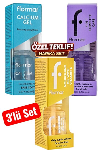Pretty Flomar 3'lü Özel Tırnak Bakım Seti Nourshing Oil Calcium Jel 4 in 1 Co...