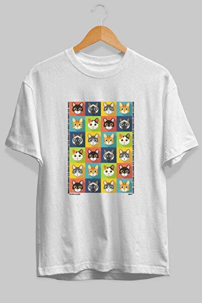 Ankhises For the Sake of Cat Love 122 Front Cat Printed White Oversize T-Shir...