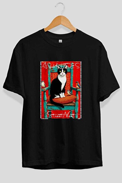 Ankhises For the Sake of Cat 69 Front Cat Printed Black Oversize T-Shirt 100%...