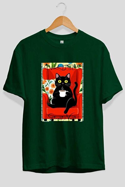 Ankhises T-shirt Cat For Love 24 με πράσινη στάμπα γάτας, υπερμεγέθη, 100% βα...