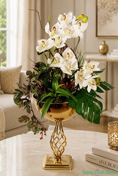 Yapay Çiçek Sitesi Metal Altın Vazoda Cymbidium Orkide Tanzimi 80cm Beyaz