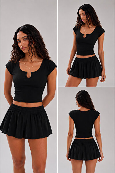 olleo studio Kadın Siyah V Yaka Likralı Ribana Kısa Kol Crop Body