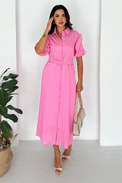 Noa&Noa Women's Belt Detailed Striped Shirt Dress Midi Length Buttoned Dress