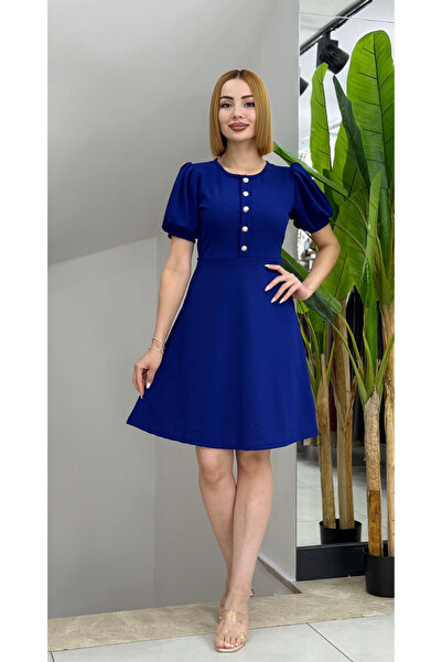Generic Brand Women's Short Sleeve Crew Neck Front Button Imported Crepe Dress