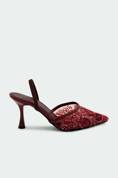 LamintaGlobal Faby Women's Burgundy Heeled Shoes with Sequin Stone Embroidery...