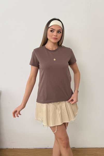 GİYSA Women's Tulip Accessory 100% Cotton T-Shirt Light Brown - 26Y 26516