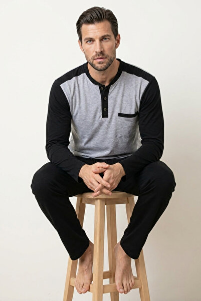DAT Men's Pajama Set 100% Cotton Long Sleeve Sporty Henley Collar Buttoned To...