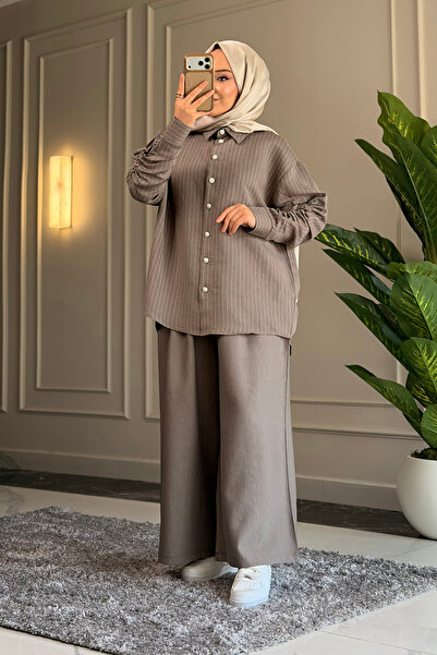 Suede Style 5158 - طقم قميص وبنطلون نسائي أنيق ومريح بخطوط لونا