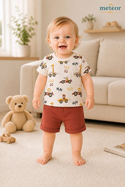 METEOR BABY Baby Boy Set Car Patterned Shorts Set Cotton 2-Piece Summer Baby Set