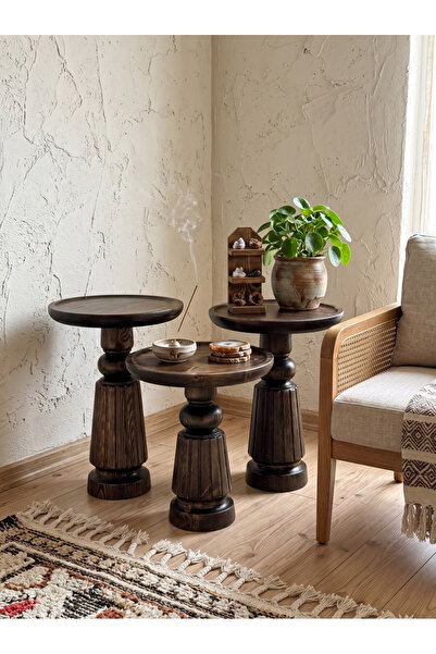 ASELYA HOME Doğal Ahşap 3’lü Set Mantar Yan Sehpa Modern Koyu Ceviz Fiskos Zi...