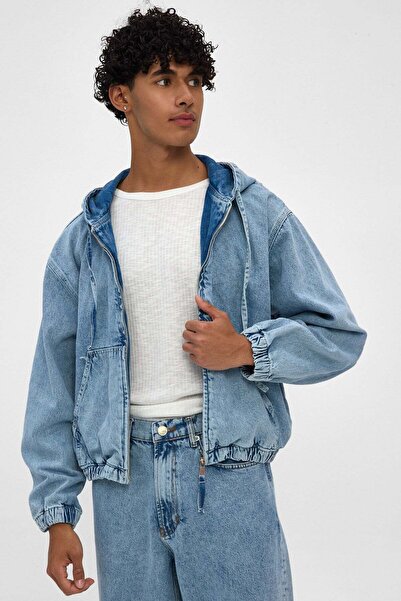 Denim Date Kapüşonlu Erkek Denim Ceket Açık Mavi Fermuarlı Rahat Kalıp