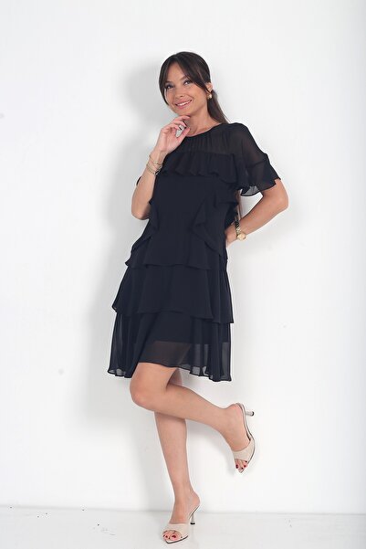 By Saygı Women's Layered Ruffle Lined Short Chiffon İtali Dress