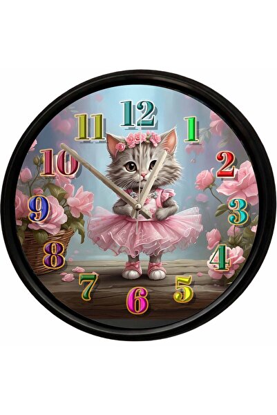 Caseras Cute Cat Themed Decorative Wall Clock with Flower Crown 28 cm Silent ...