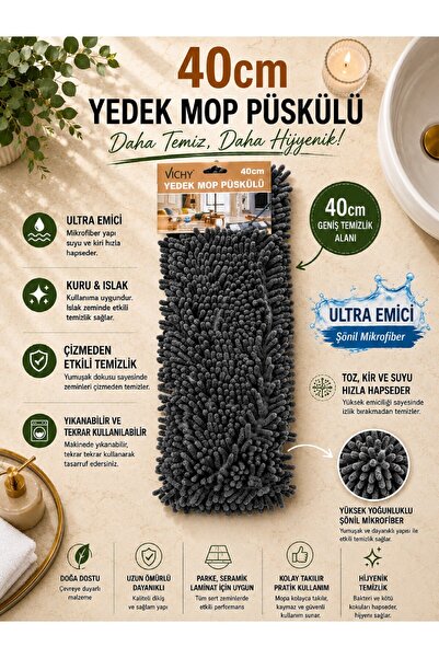 Vichy Yedek Mop Püskülü 40 Cm Şönil Mikrofiber Mop Başlığı Ultra Emici Yıkana...