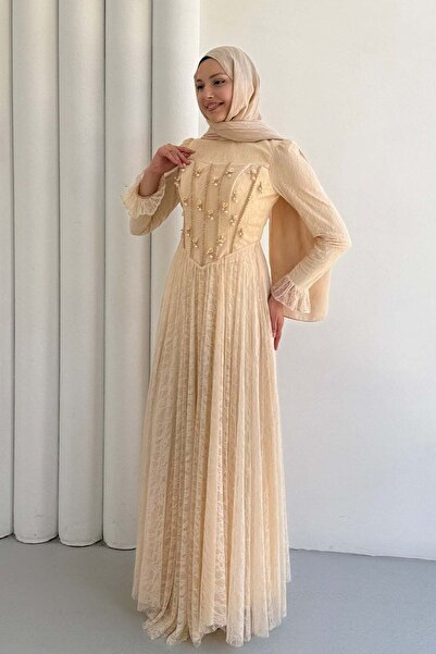 Modaensarbutik Mirella Dantel & Boncuk İşlemeli Korse Detaylı Tesettür Abiye-BEJ