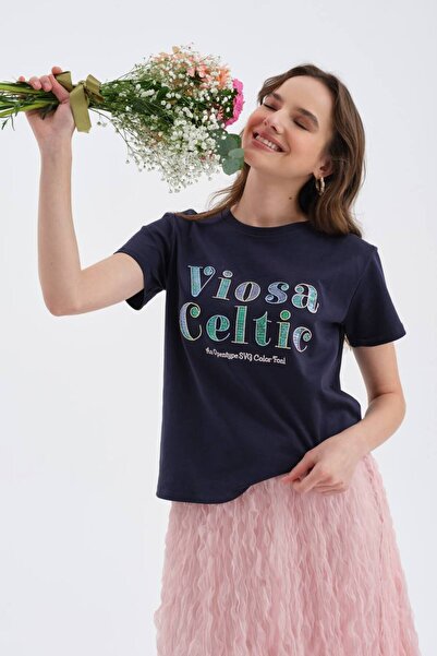 tw3 Tricou de damă, 100% bumbac, cu mânecă scurtă și broderie cu paiete în față