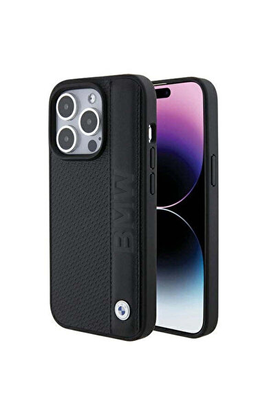 BMW Husă pentru iPhone 15 Pro Max cu textură de piele și dungi - negru