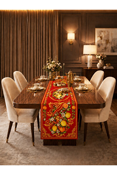HOMESSA Red Lemon and Orange Patterned Modern Decorative Runner Tablecloth