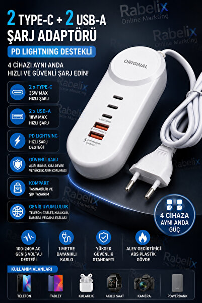 Rabelix Online Marketing 2 Type-C + 2 USB-A Hızlı Şarj Adaptörü PD Lightning ...