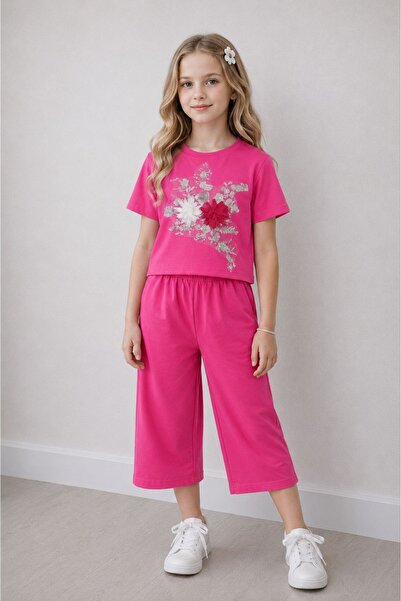 wees mod Girl's Floral Embroidered T-Shirt Wide-Leg Pants Two-Piece Set