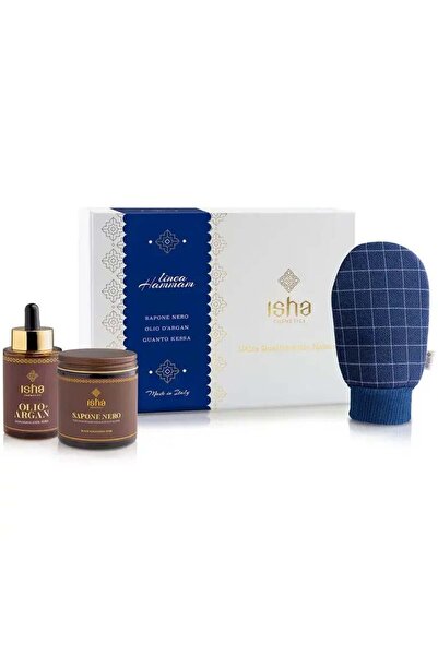 isha Set cadou ritual hammam - sapun negru, manusa kessa, ulei de argan