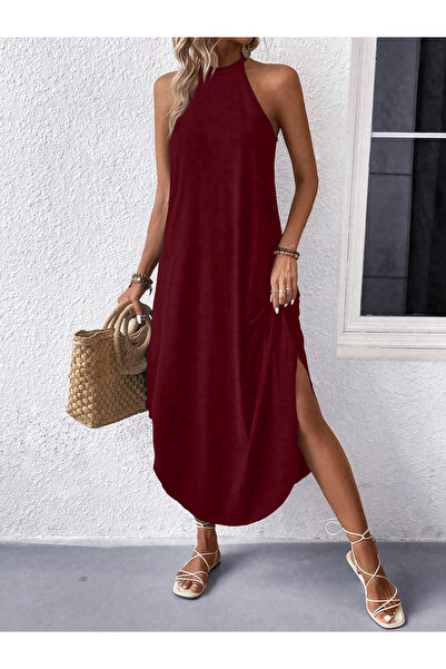 Take Two By Styli Burgundy Sleeveless Curved Hem Maxi Dress