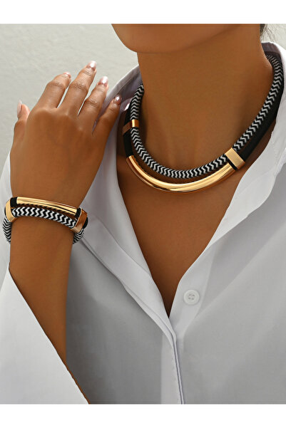 Take Two By Styli Black and White Thick Double Line Metal Necklace and Bracel...