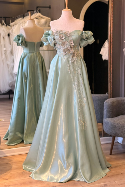 Lenta Moda Su Yeşili Üç Boyutlu Dantel Detaylı Balon Kol Parlak Saten Maxi Ab...