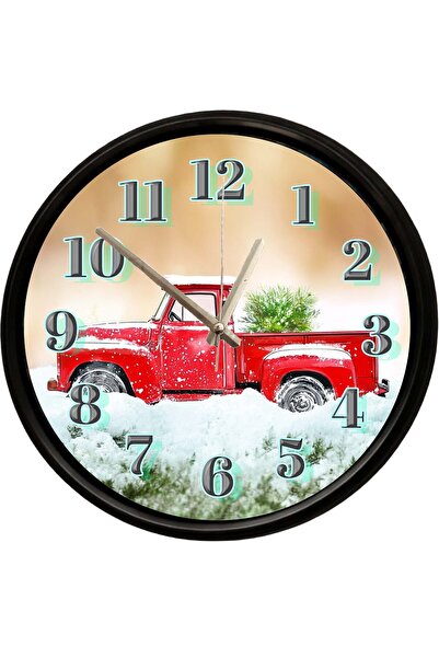 Caseras Decorative Wall Clock with Red Classic Pickup Truck and Pine Tree Des...