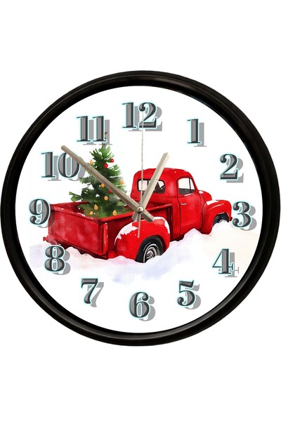 Caseras Decorative Wall Clock with Red Classic Pickup Truck and Pine Tree Des...