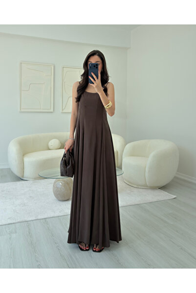 LUUNA STORE KAHVERENGİ İNCE ASKILI FULARLI MAXİ ELBİSE