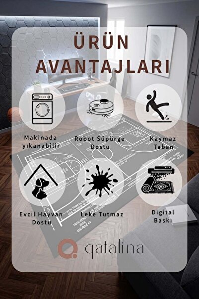 Qatalina Basketbol Sahası Tasarım Dijital Baskı Kaymaz Taban Yıkanabilir Modern Genç Odası Spor Halısı TAKTIKGM103
