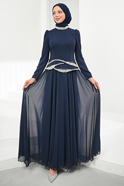 İmajButik Navy Blue Pearl Embroidered Evening Dress