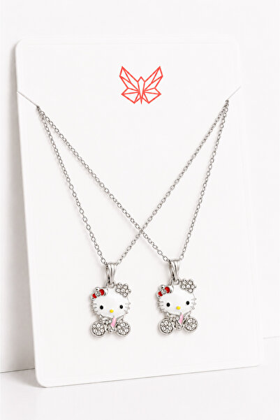 MakeWell Hello Kitty Kalpli Kolye Seti 2'li – Zirkon Taşlı Kalp Kolye, Arkada...