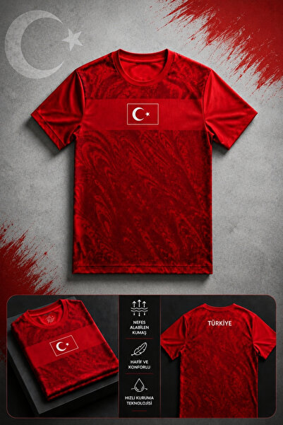 Özten WC 2026 Türkiye Forması Kırmızı Desenli Kısa Kollu Futbol Forması Unise...