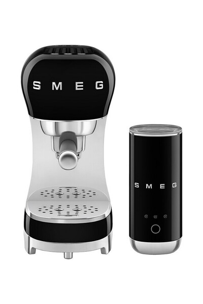 SMEG 50's Style Siyah Espresso Kahve Makinesi Seti & Yeni Kompakt Süt Köpürtücülü
