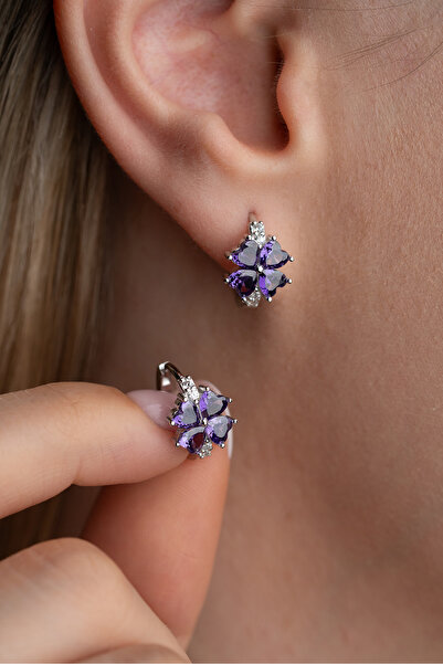 Silvano Jewelry 925 Ayar Gümüş Mor Taşlı Yonca Küpe