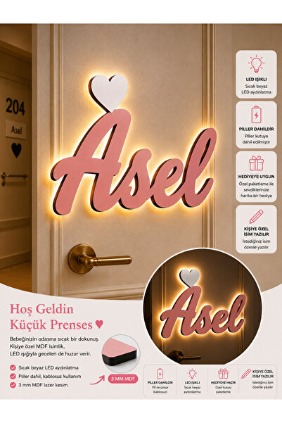 baskigo.com Kişiye Özel İsimli LED Işıklı Ahşap İsimlik Bebek Odası Duvar Dek...
