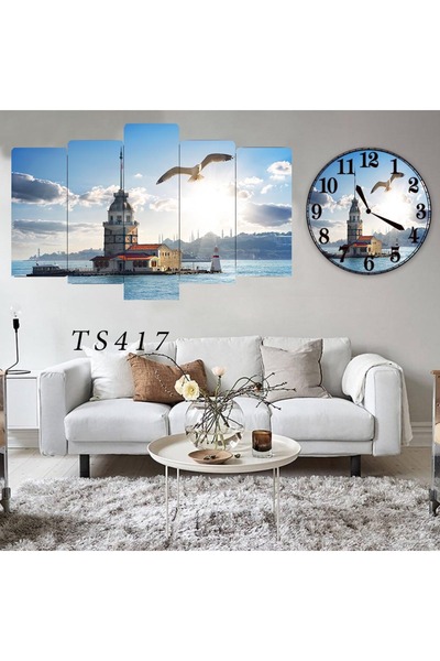 BellaaaModa Istanbul temalı Dekoratif Desenli Mdf Tablo 5 Parça Set ve Saatli...