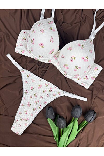 ROZENİN LINGERIE Kadın Kaşkorse Çiçek Desenli Destekli Sütyen String Külot Ta...
